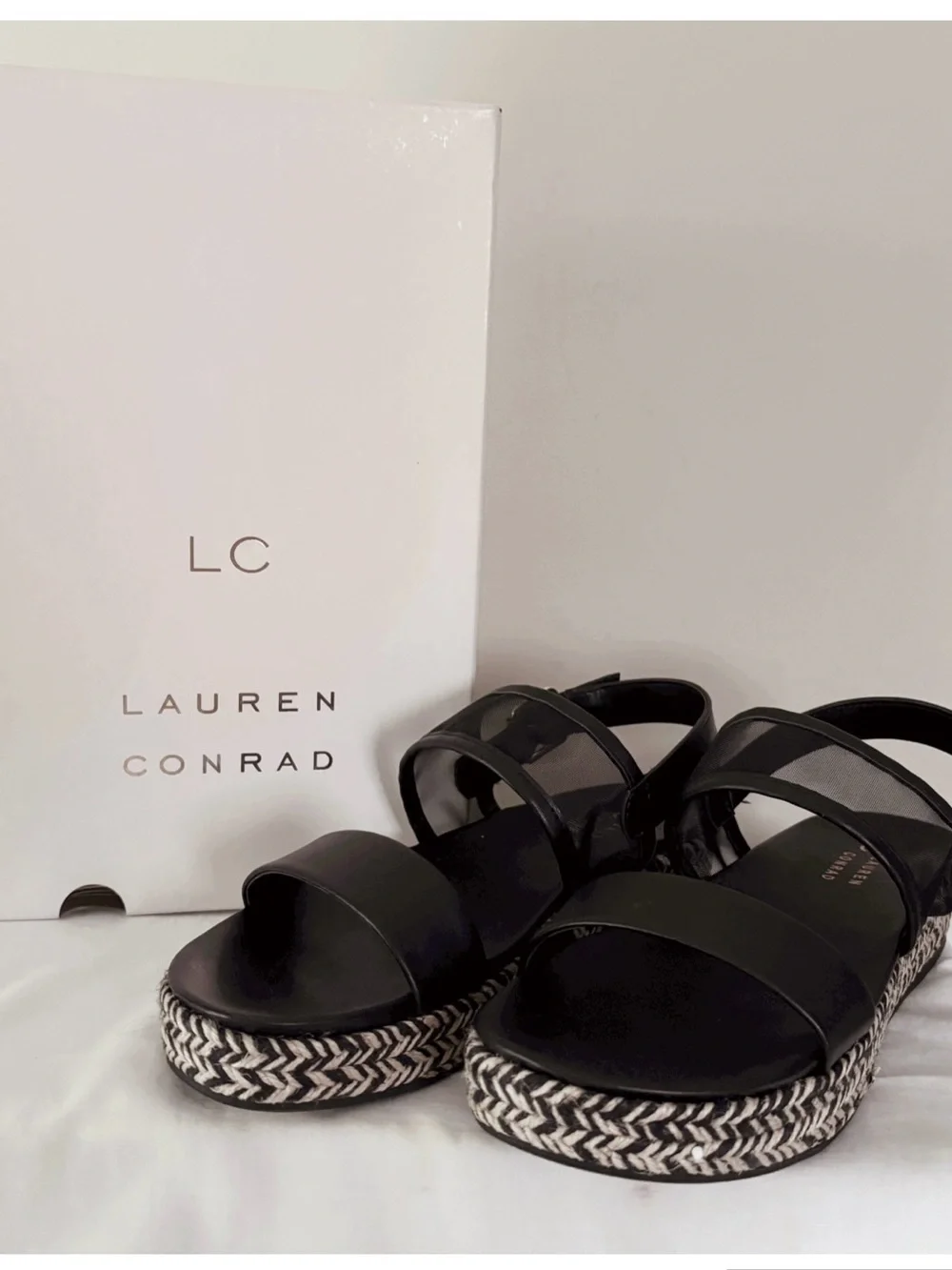LC Lauren Conrad Black Platform Sandals with Braided Trim